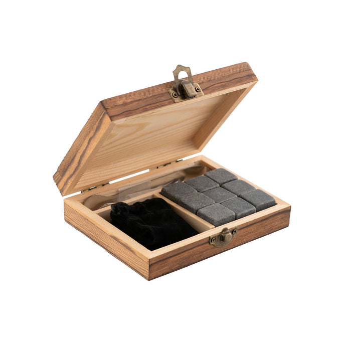 Whiskey Stones Gift Set with 9 stones, wooden case, tongs, and pouch for chilling drinks without dilution – Keans Claremorris
