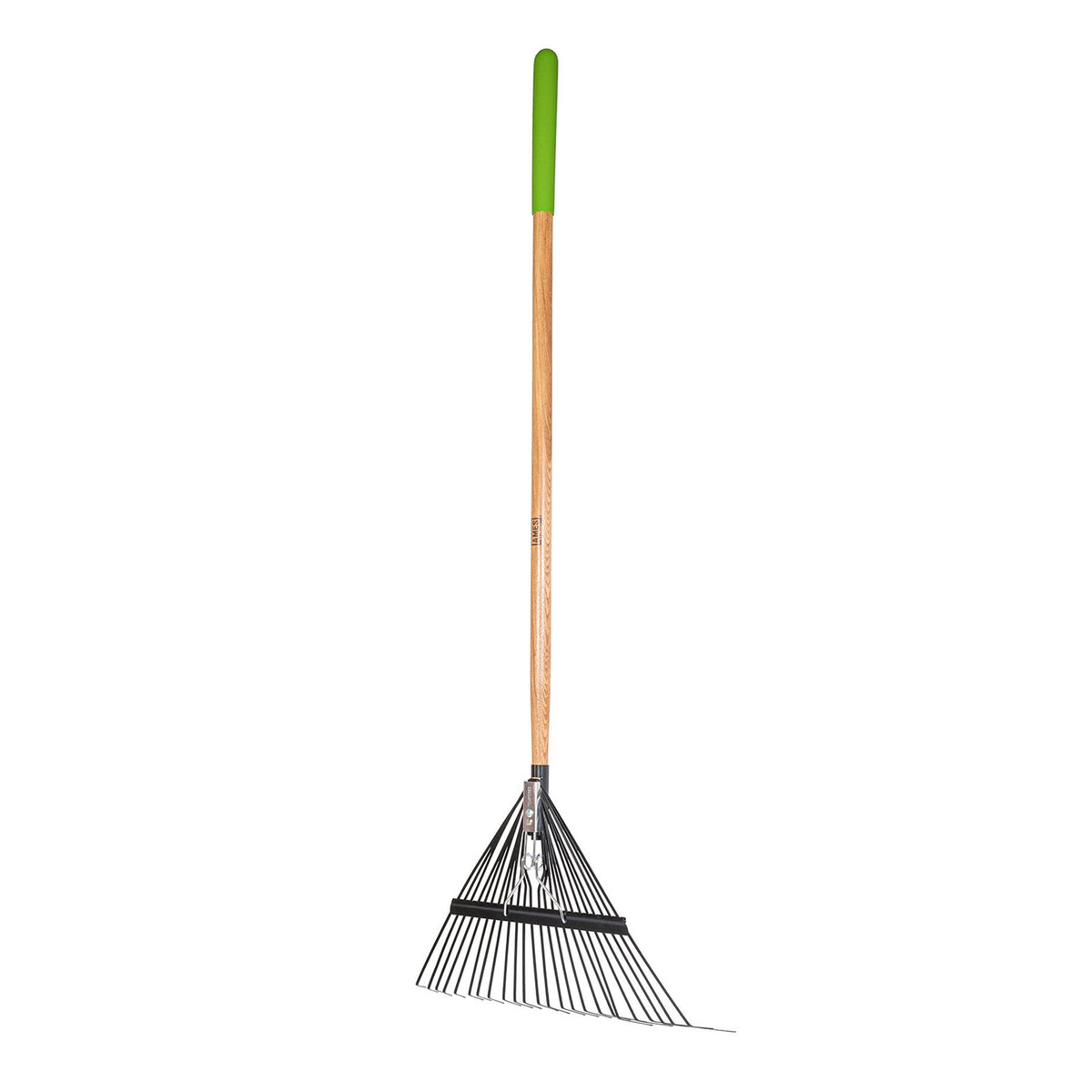 Ames flat tine leaf rake with wooden handle and green grip, black metal tines fanned out on white background