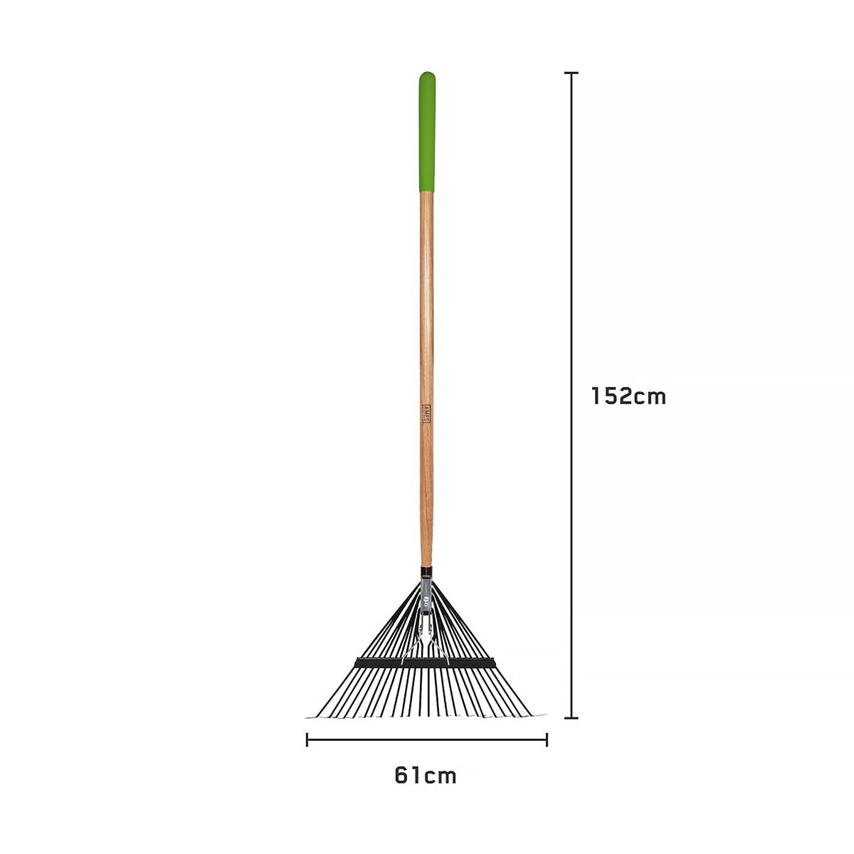 Ames flat tine leaf rake with wooden handle and green grip, showing 152 cm length and 61 cm wide metal tines.