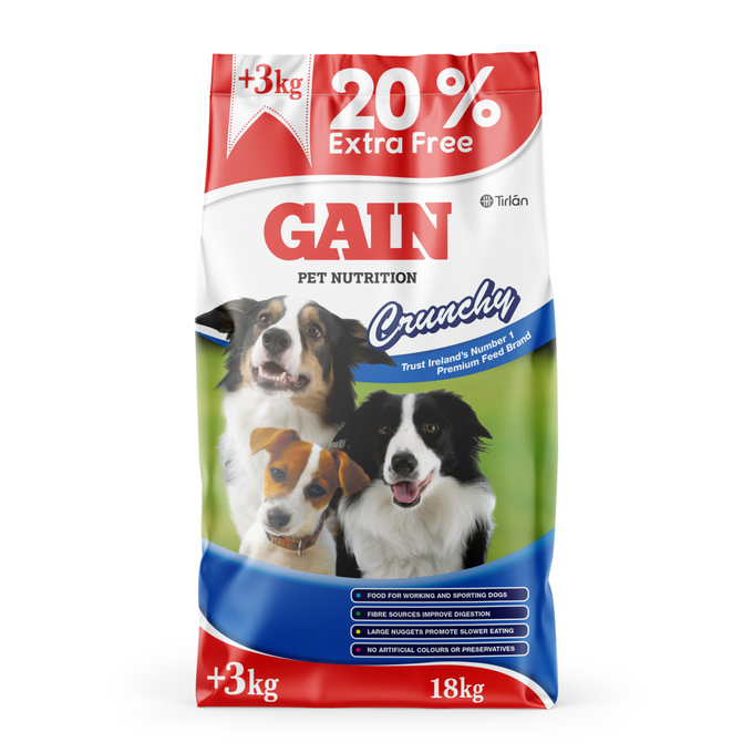 Gain Crunchy 15kg+20% free dog food with large nuggets, improved digestion, no artificial colors, from Keans Claremorris.