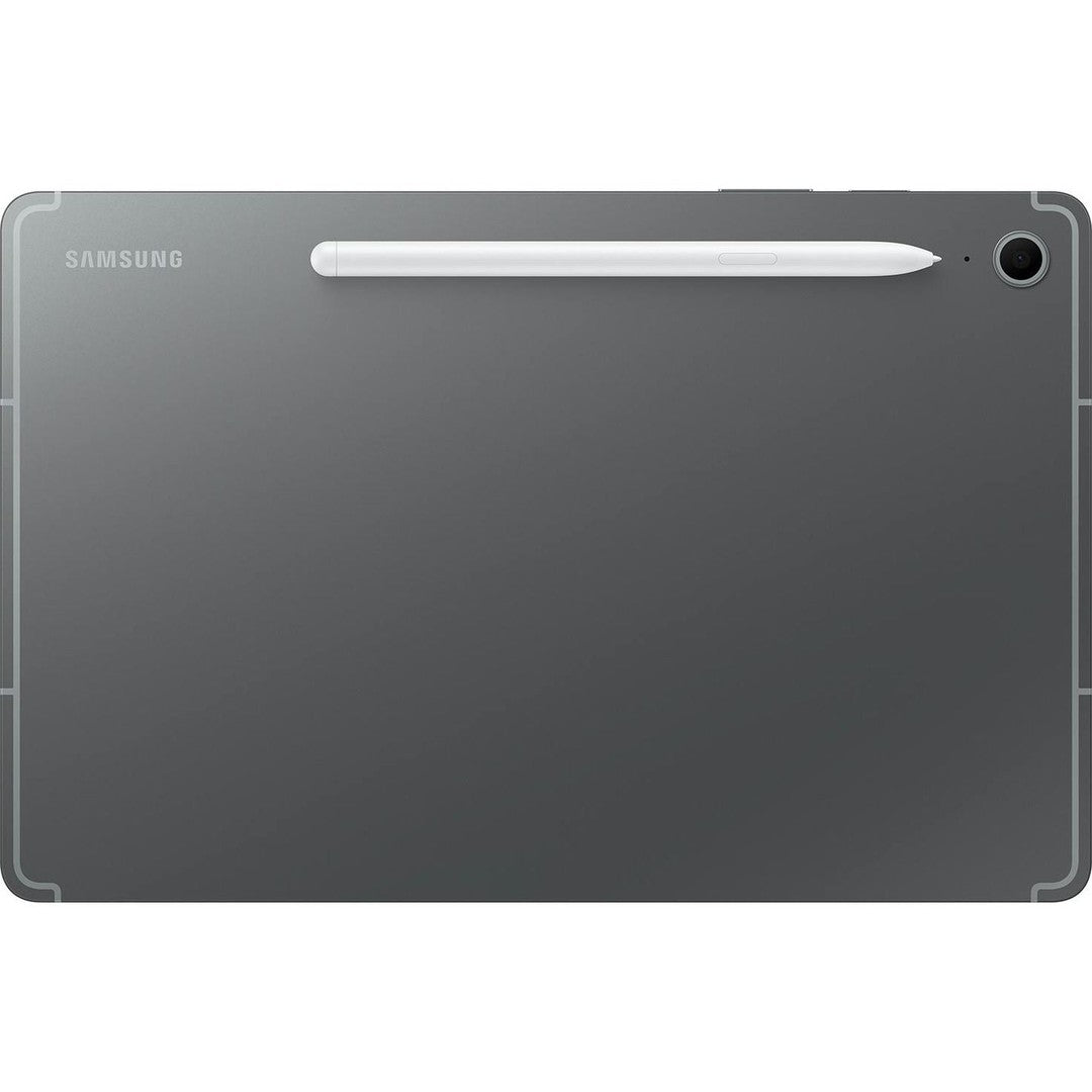Samsung Galaxy Tab S10 FE 10.9" in grey, back view with rear camera and white S Pen attached.
