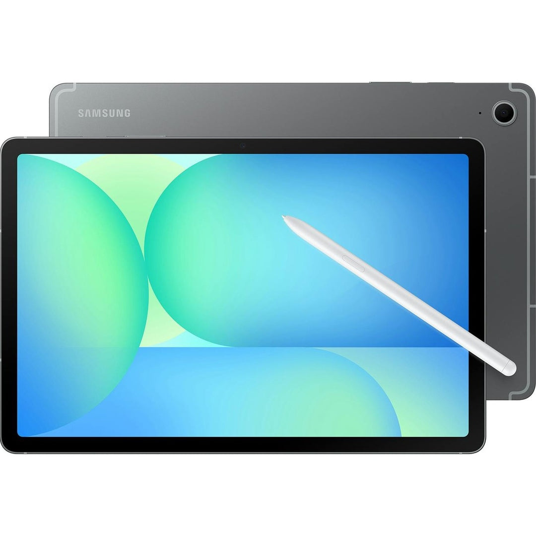 Samsung Galaxy Tab S10 FE grey tablet front and back with S Pen resting on screen.