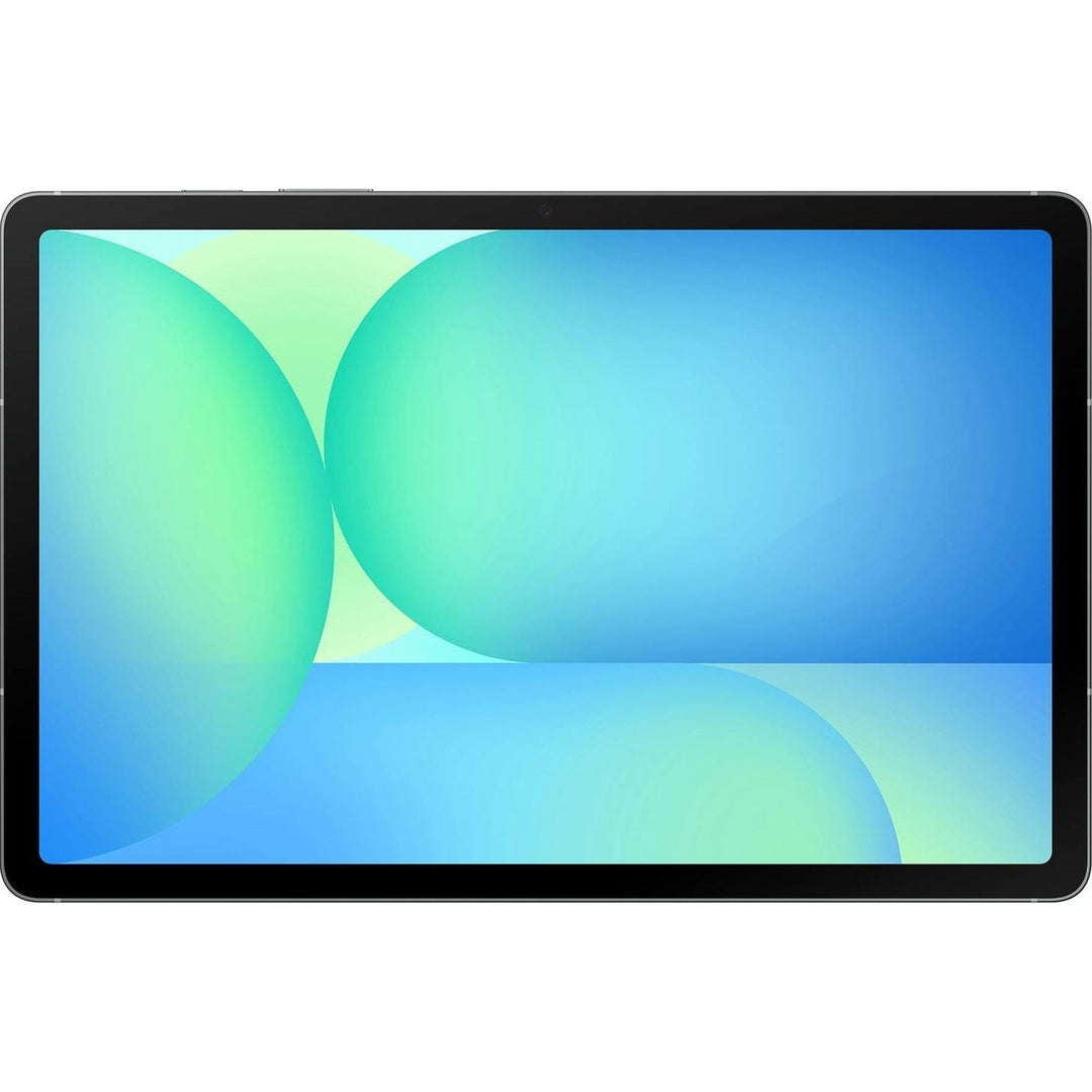 Samsung Galaxy Tab S10 FE 10.9" in grey, front view with screen on showing blue and green abstract wallpaper