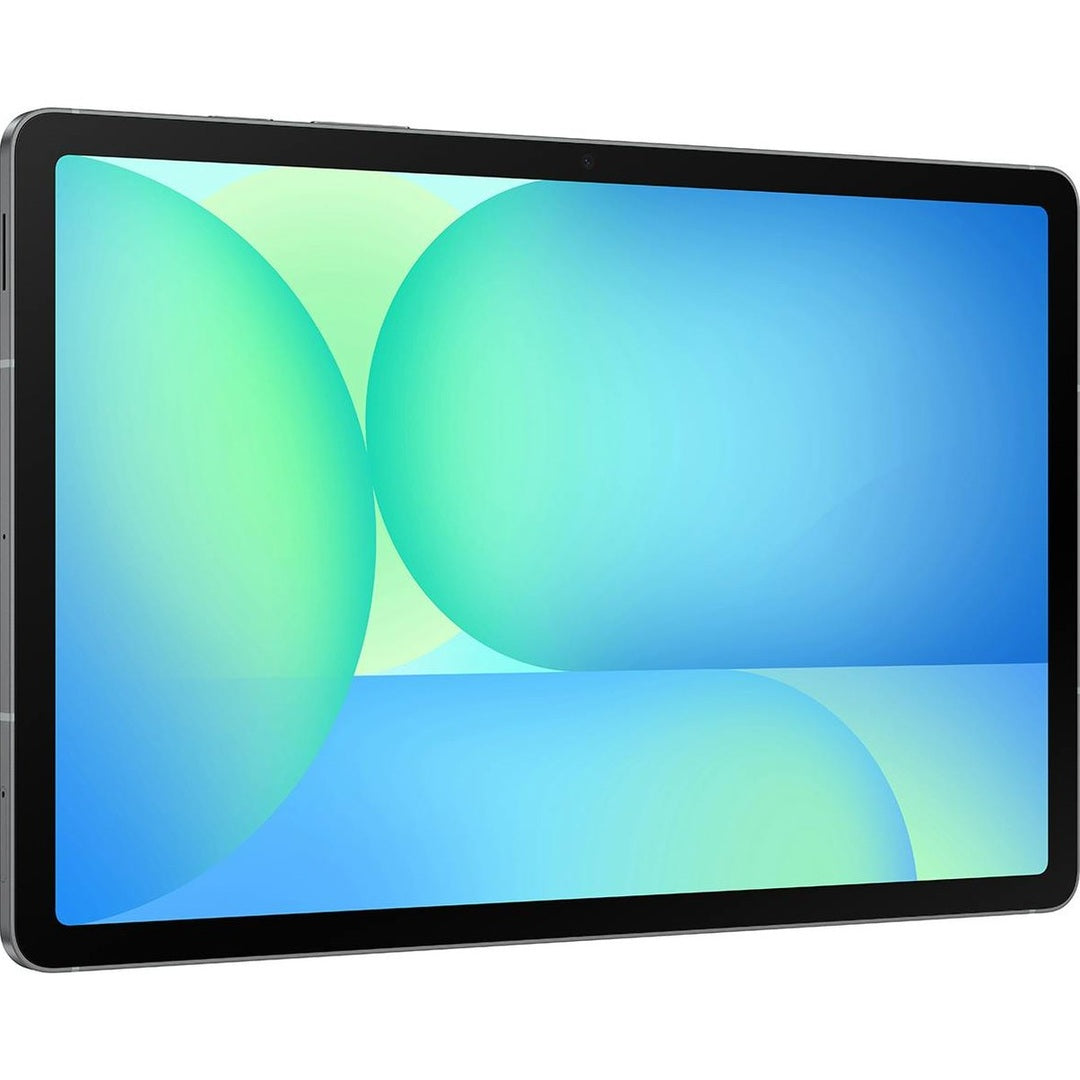 Samsung Galaxy Tab S10 FE 10.9" in grey, angled front view showing screen with blue-green abstract wallpaper