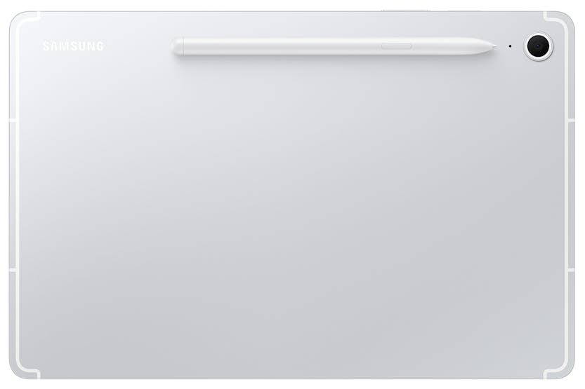 Samsung S10 FE+ tablet in silver, back view with rear camera and S Pen attached.