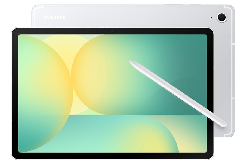 Samsung Galaxy Tab S10 FE 13.1" silver tablet front and back with S Pen resting on screen displaying abstract wallpaper.
