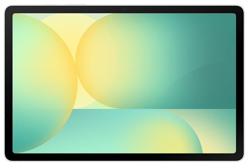 Samsung S10 FE+ tablet in silver shown from the front with screen on displaying abstract shapes