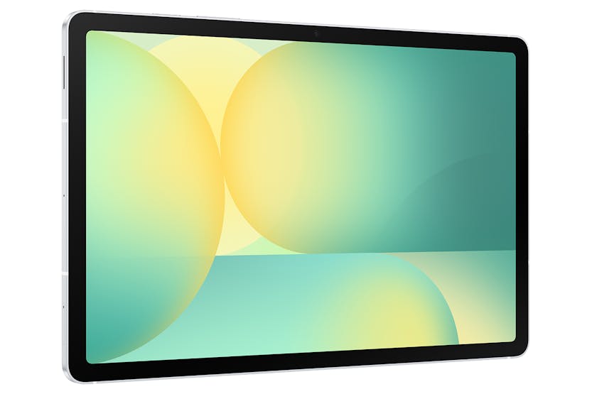 Samsung S10 FE+ tablet in silver, angled view showing the screen with abstract wallpaper.