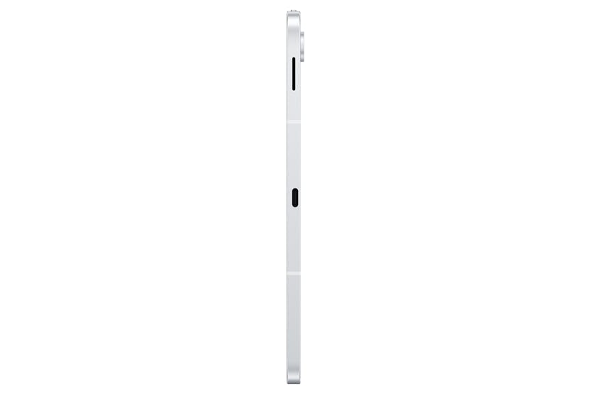 Samsung S10 FE+ tablet in silver shown from the right side, highlighting its slim profile and buttons.