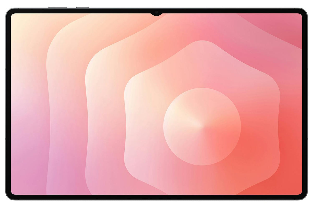 Samsung Galaxy Tab S11 Ultra WiFi 256GB in silver, front view with screen on displaying abstract pink and orange pattern