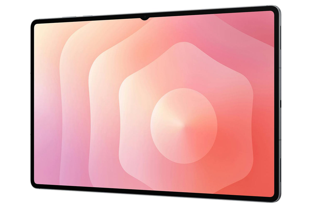 Samsung Galaxy Tab S11 Ultra WiFi 256GB Silver tablet angled with screen on showing pink abstract wallpaper