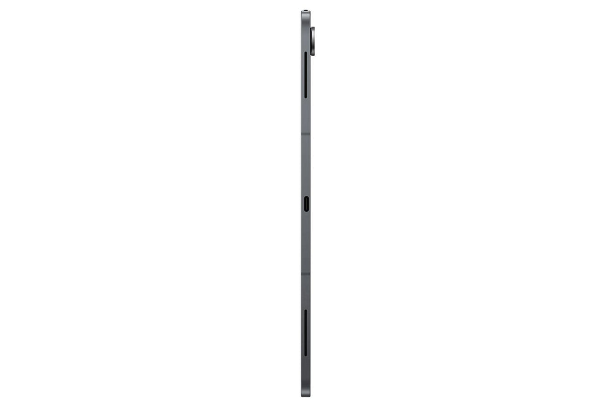 Samsung Galaxy Tab S11 Ultra Silver tablet shown from the thin right side profile with camera bump visible.