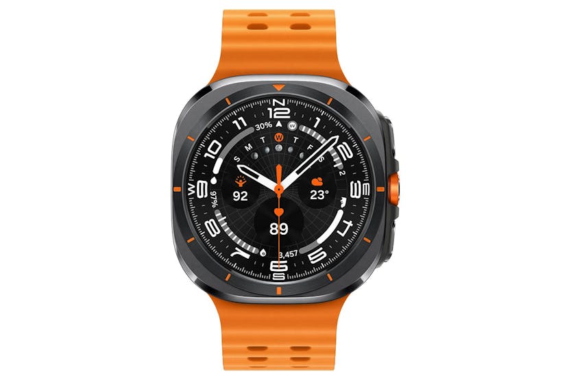 Samsung Galaxy Watch Ultra 2025 with titanium grey case and orange strap, showing detailed watch face with time and stats.