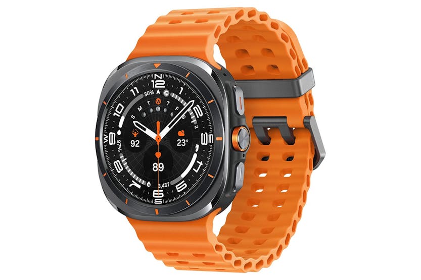 Samsung Galaxy Watch Ultra 2025 in titanium grey with orange perforated sport band, angled view showing watch face and
