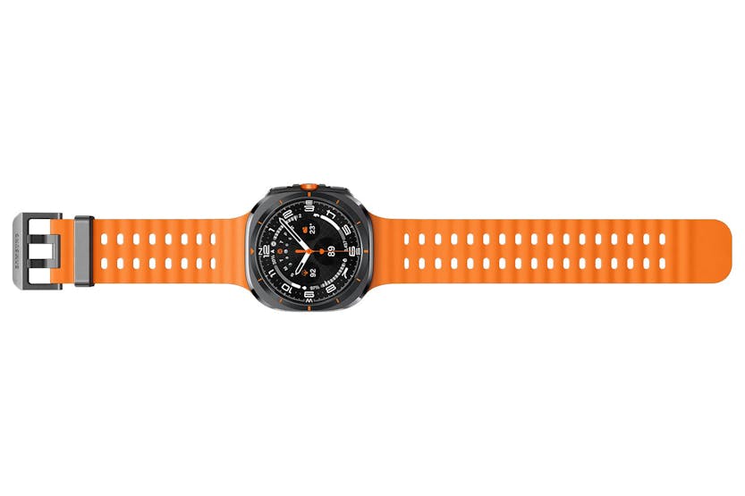 Samsung Galaxy Watch Ultra 2025 with titanium grey case and bright orange perforated strap, front view.