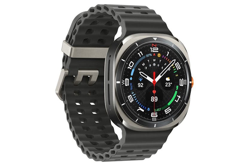 Samsung Galaxy Watch Ultra 2025 with titanium silver case and black perforated strap, showing a detailed watch face.