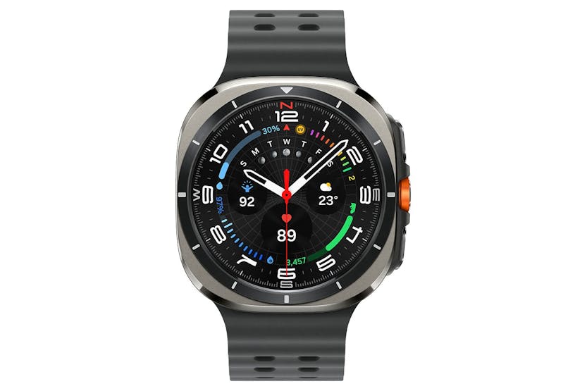 Samsung Galaxy Watch Ultra 2025 in titanium silver with black strap showing a detailed digital watch face.