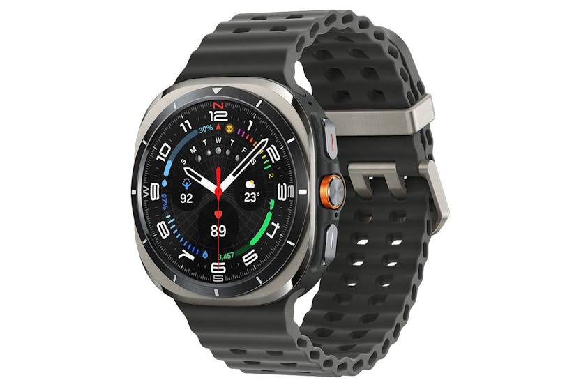 Samsung Galaxy Watch Ultra 2025 in titanium silver with black perforated strap, showing a detailed watch face.