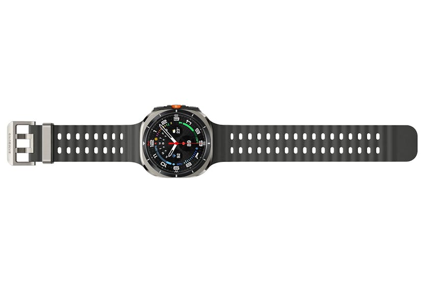 Samsung Galaxy Watch Ultra 47mm in titanium silver with black perforated strap, showing active watch face.