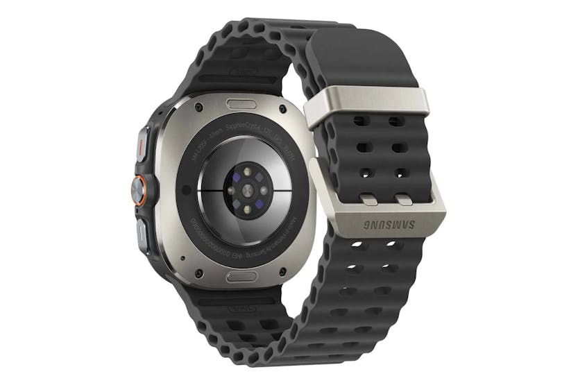 Samsung Galaxy Watch Ultra 2025 in titanium silver, rear view showing sensors and black perforated strap.
