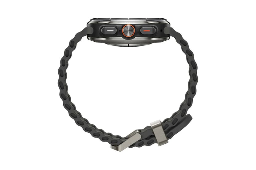 Samsung Galaxy Watch Ultra 2025 side view showing titanium silver case and black perforated strap with buckle.