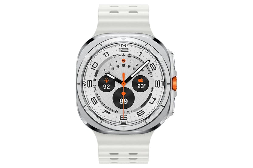 Samsung Galaxy Watch Ultra 2025 in titanium white with a round digital display showing time and health stats