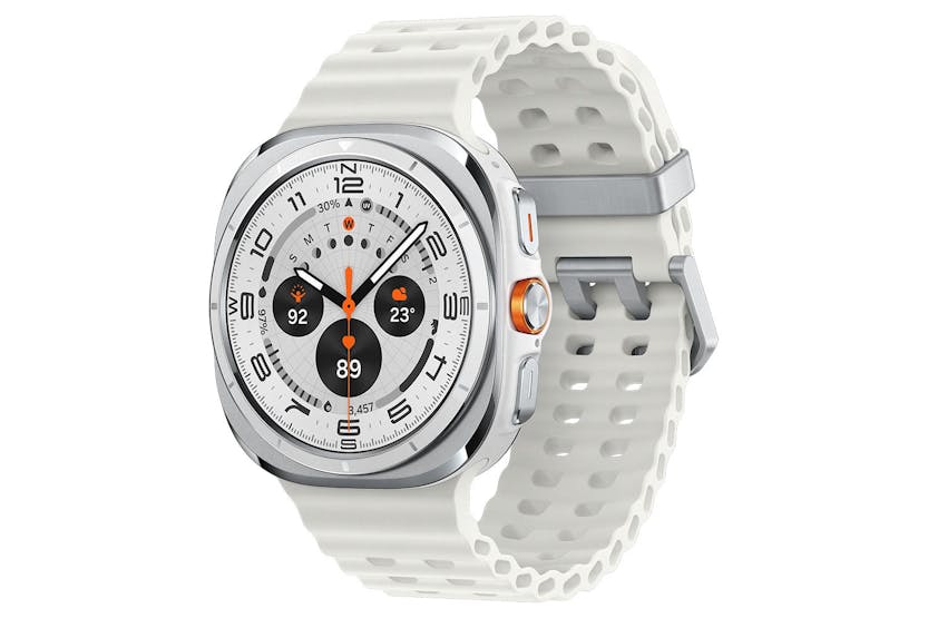Samsung Galaxy Watch Ultra 2025 in titanium white with a perforated white strap, showing a detailed watch face.