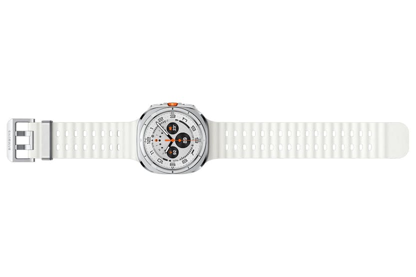 Samsung Galaxy Watch Ultra 2025 in titanium white with a white perforated strap, showing the watch face and buckle.