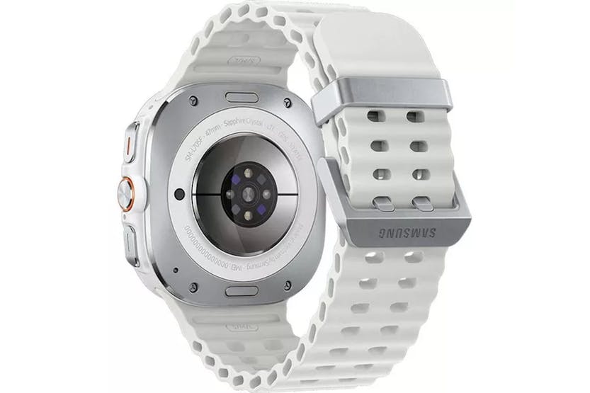 Samsung Galaxy Watch Ultra (2025) in titanium white, showing the back and strap details with sensors visible.