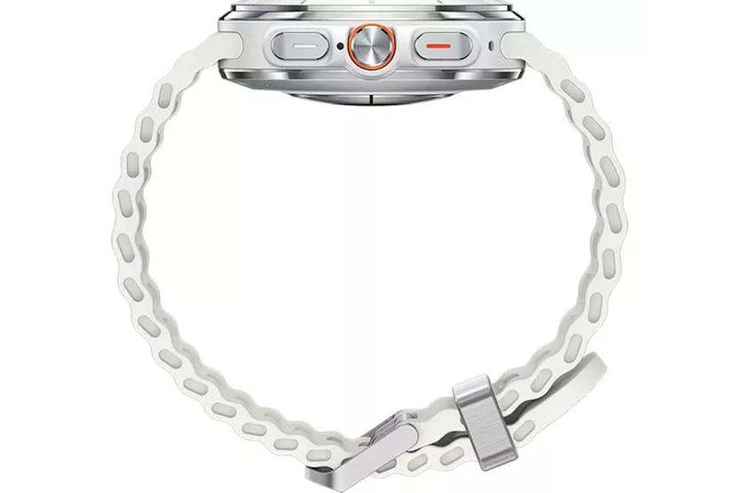 Samsung Galaxy Watch Ultra 2025 in titanium white, side view showing buttons and perforated strap.
