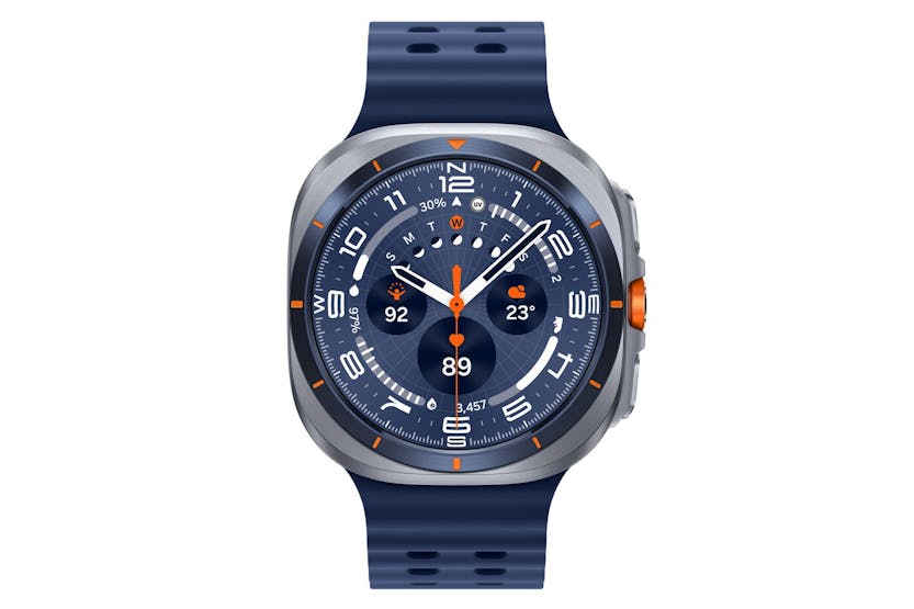 Samsung Galaxy Watch Ultra 2025 in titanium blue with round digital display and blue perforated strap.