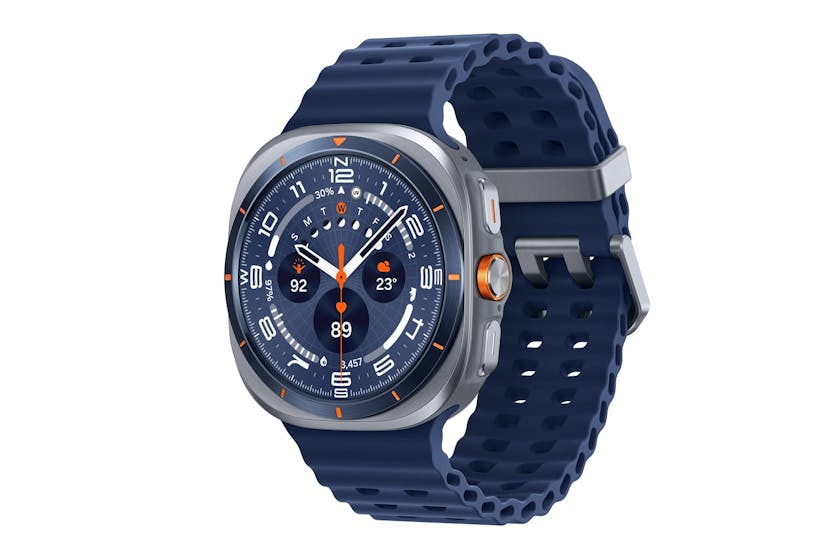 Samsung Galaxy Watch Ultra 2025 with titanium blue case and perforated blue strap, showing detailed watch face.