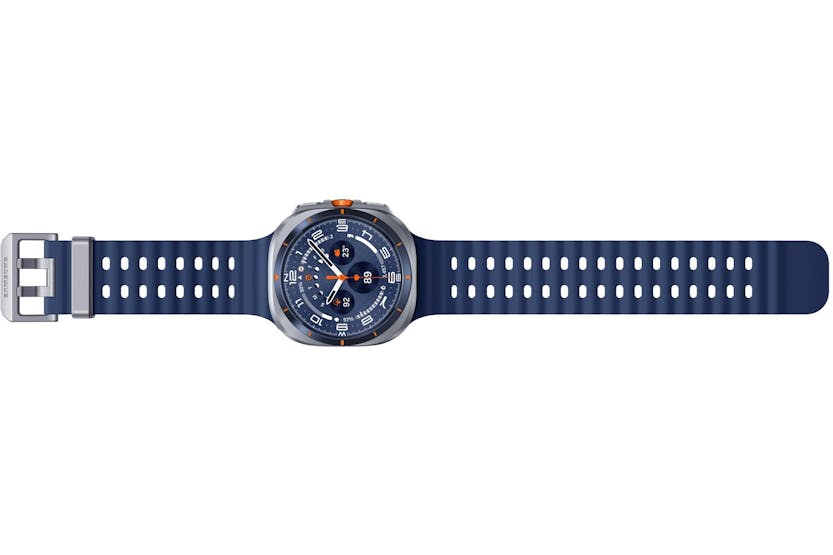 Samsung Galaxy Watch Ultra 2025 in titanium blue with a detailed round dial and perforated blue strap, flat lay view.