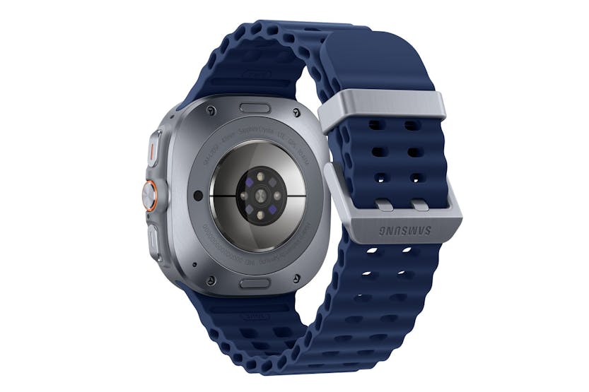 Samsung Galaxy Watch Ultra 2025 in titanium blue, shown from the back with sensor and strap buckle visible.