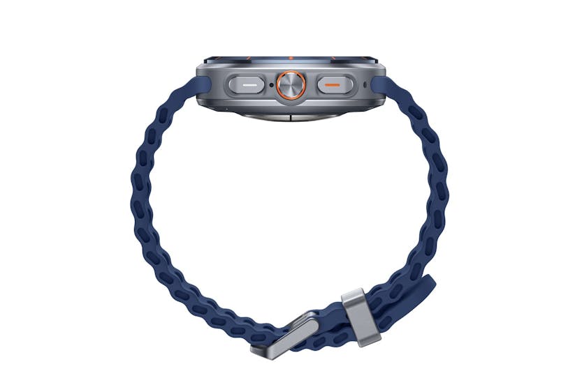 Samsung Galaxy Watch Ultra 2025 in titanium blue, side view showing buttons and textured strap.
