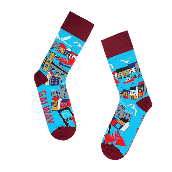 Galway City of Tribes socks, sizes 8-12, inspired by Galway's vibrant culture, available at Keans Claremorris.