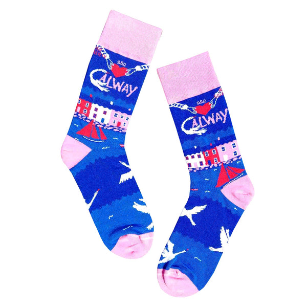 Galway-themed socks by Andrea Rossi, featuring Claddagh and swans design, winner of 2020 contest, available at Keans