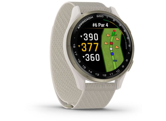 Garmin Approach S50 Golf Smartwatch 43mm cream gold with ivory band, GPS, AMOLED display, health tracking – Keans Claremorris