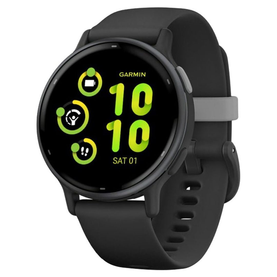 Garmin smartwatch with black strap on a white background