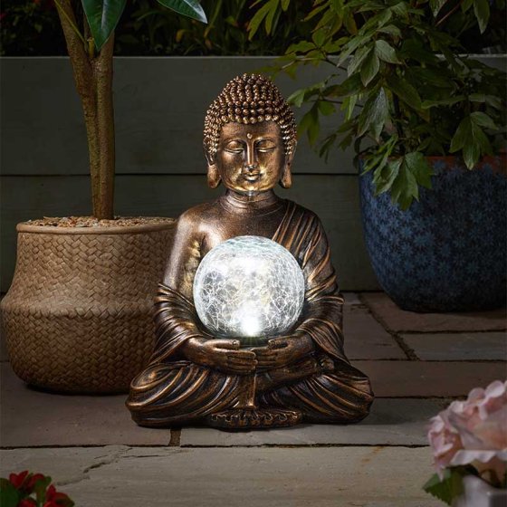 Gazing Buddha Solar Light with 12cm crackle glass ball, warm white & color-changing LEDs, solar-powered by Keans Claremorris.