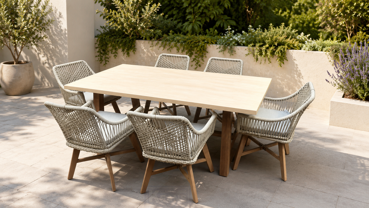 Genoa 6 Seater Garden Furniture Dining Set – Wood Effect, Cream & Oatmeal Keans Claremorris