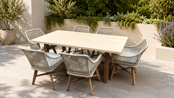 Genoa 6 Seater Garden Furniture Dining Set – Wood Effect, Cream & Oatmeal Keans Claremorris