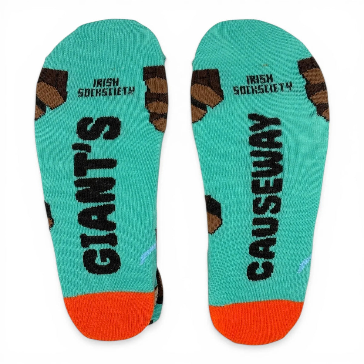 Turquoise Giant's Causeway socks with orange toes and black text reading "GIANT'S CAUSEWAY" and "IRISH SOCKSOCIETY