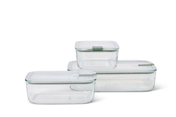 Glass Storage Box Easy Clip 3 Pcs set, airtight, oven-safe, microwave-safe, BPA-free, stackable food storage by Keans