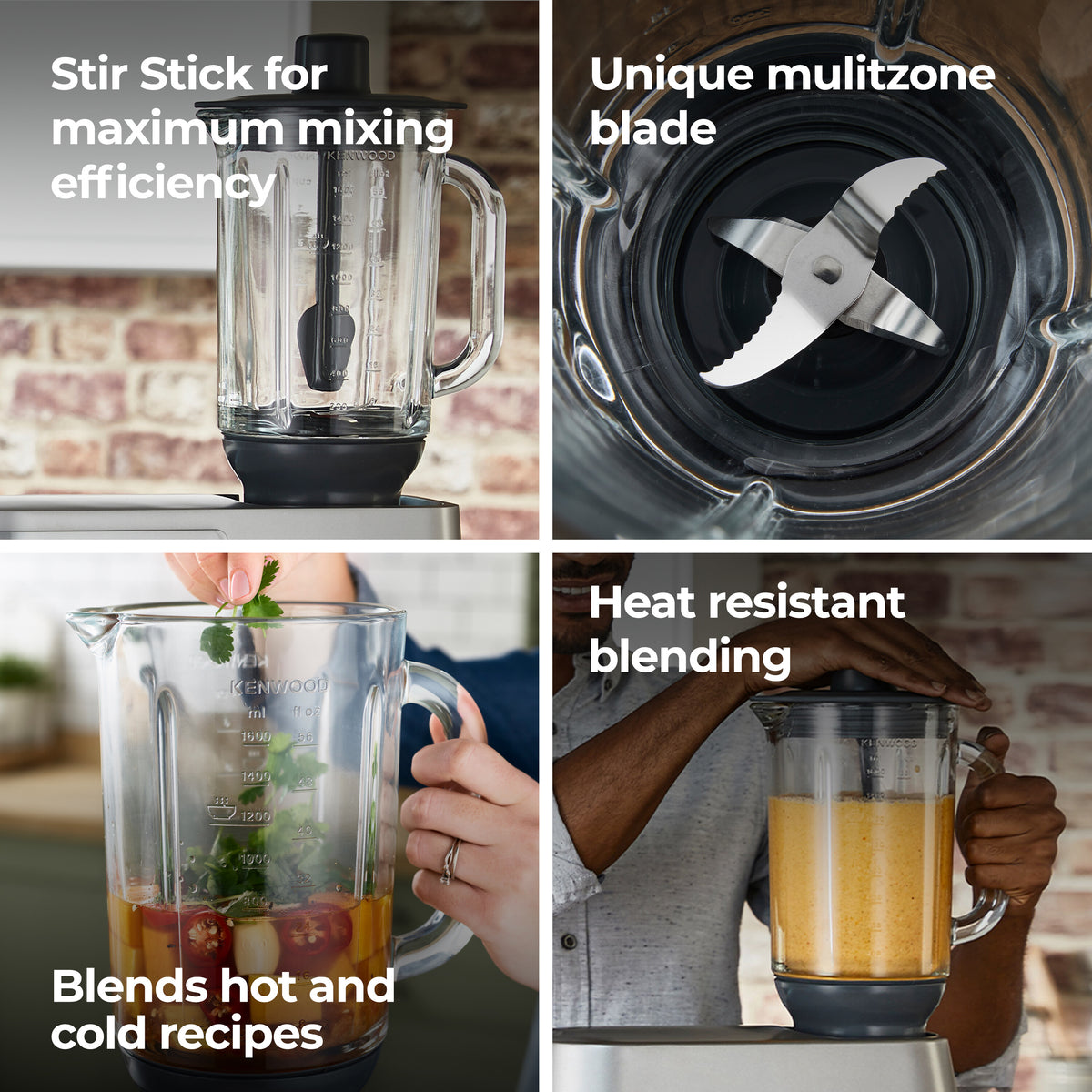Kenwood Chef Thermoresist Glass Blender Attachment showing glass jug with handle and multizone blade close-up