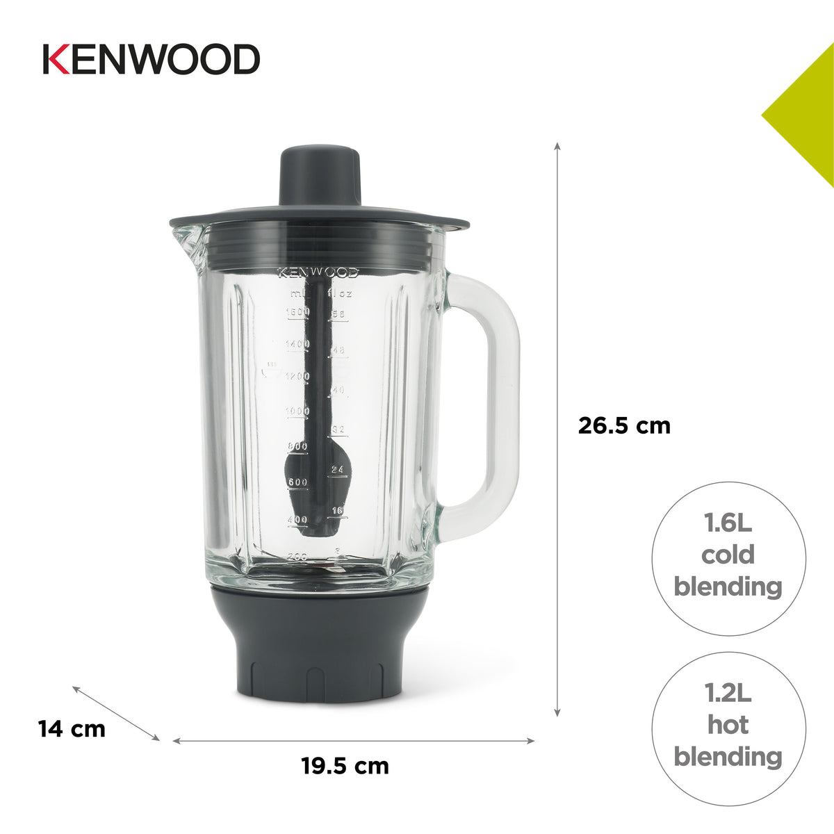 Kenwood Chef Thermoresist glass blender attachment with black lid and base, showing measurements and dimensions.