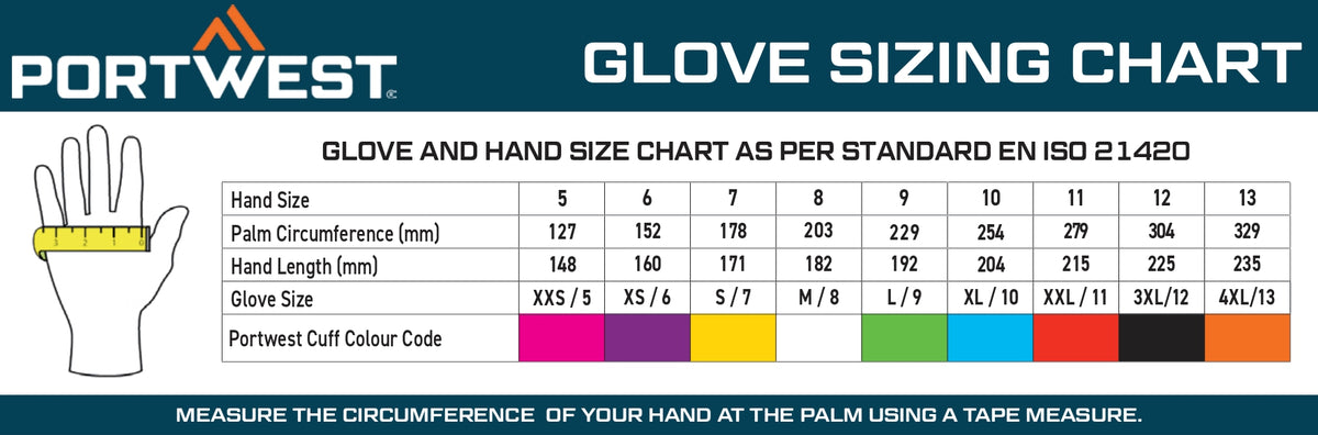 Pair of grey Portwest A622 gloves with black palms and fingers shown flat on white background.