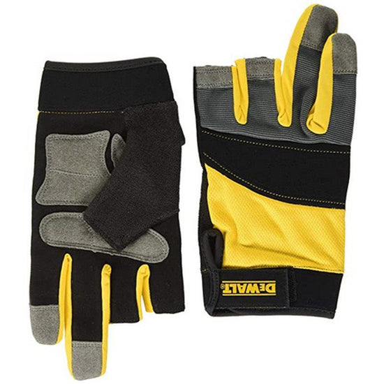 Pair of DeWalt Framer Performance Gloves in large, black and yellow with 3/4 finger design and reinforced palm.