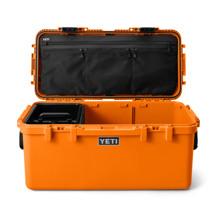 Yeti Loadout Gobox 60 Gear Case King Crab open showing orange exterior, black interior organizer pouch, and divided