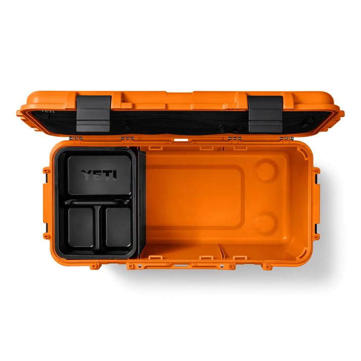 Open Yeti Loadout Gobox 60 Gear Case King Crab showing bright orange interior with black removable organizer tray.
